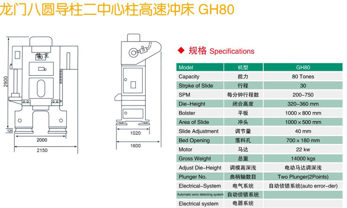 H型八圓導柱高速沖床(GH80)參數(shù)