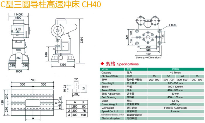 C型三圓導(dǎo)柱沖床CH40參數(shù)結(jié)構(gòu)圖